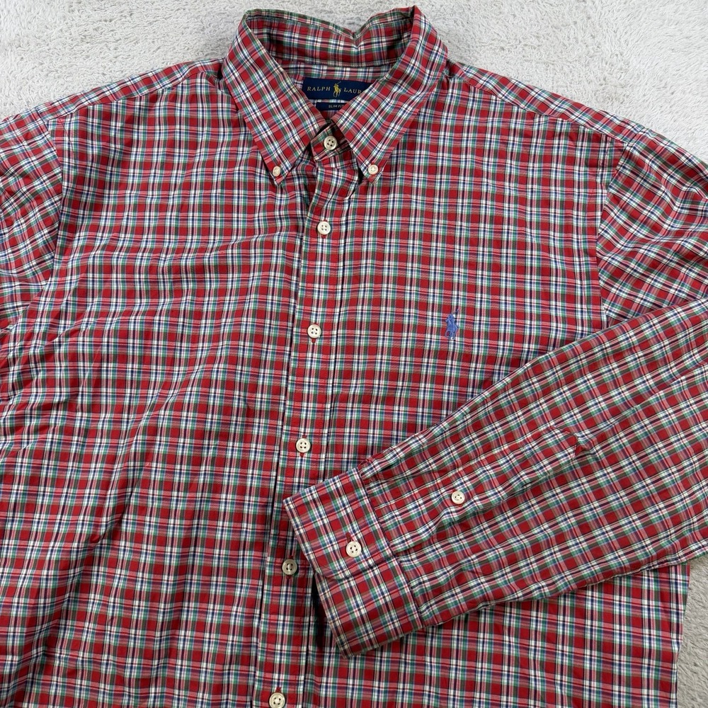 Polo Ralph Lauren Shirt Mens XL Red Plaid Slim Fit Long Sleeve Button Down Pony
